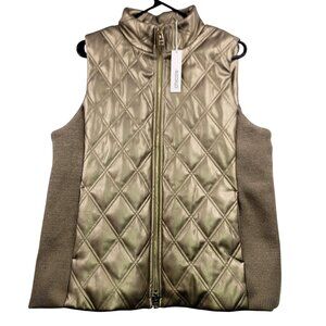 Chicos Quilted Faux Leather Vest Size Large Bronzed Teak Gold Zip Front